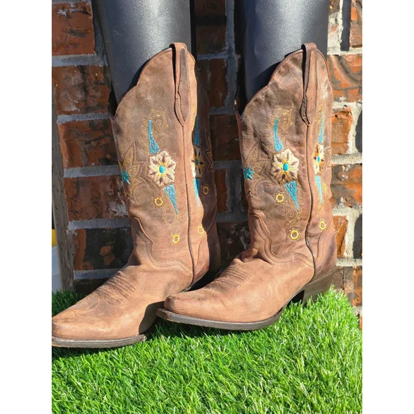 JR Dillon Brown Turquoise Embroidered Cowboy Boots Women's Size 7.5 - Picture 2 of 7